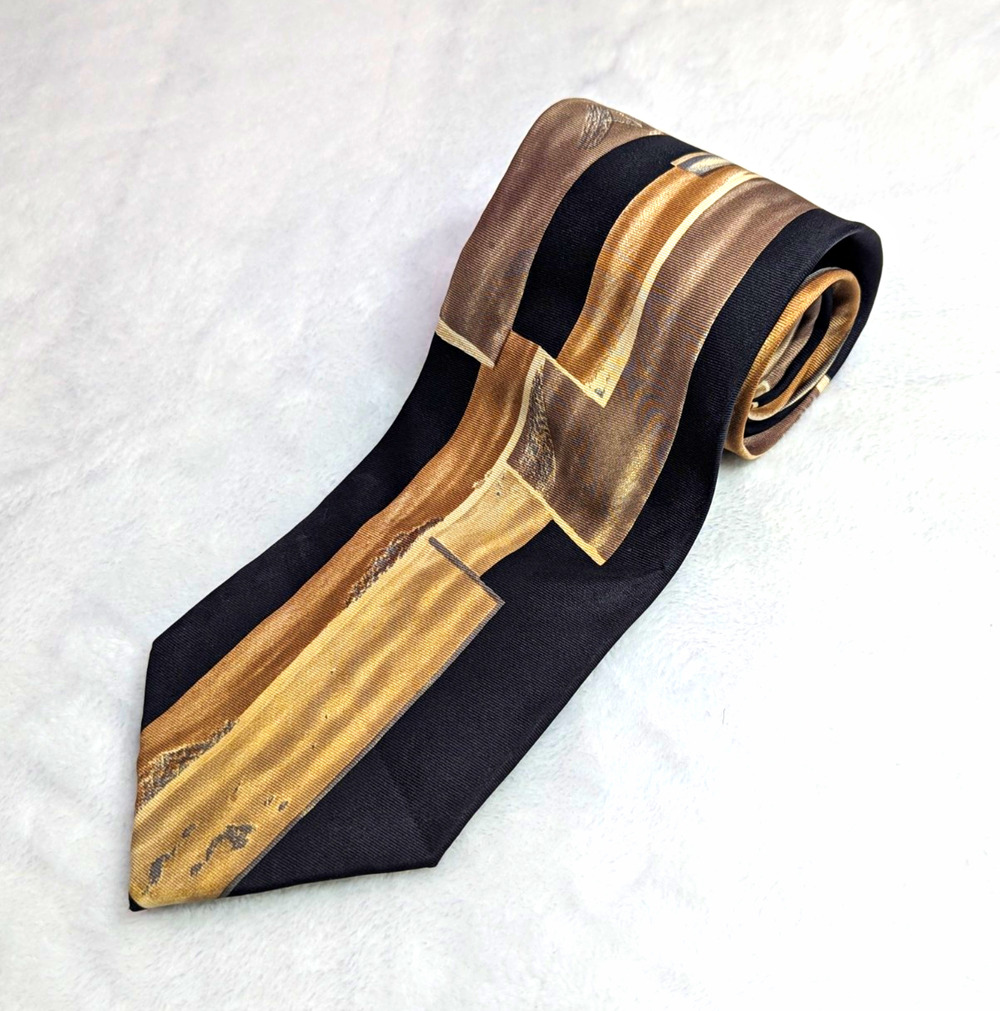 Vintage Ferracci Silk Tie Mens Black Gold Abstract Geometric 90s Italy Hand Made